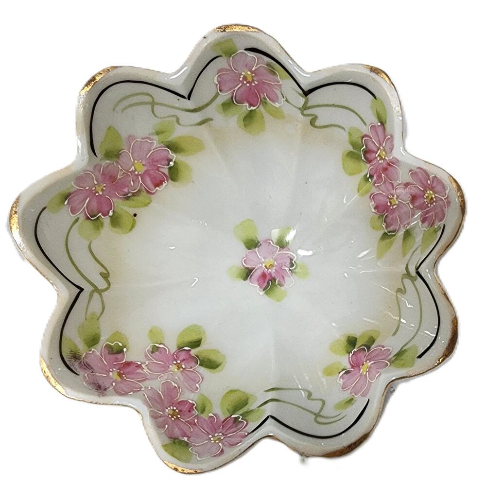 Vintage Japan Footed Dish Pink Floral Gold Gilt Scalloped Porcelain 5" Bowl